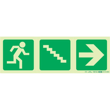 Photoluminescent 190 mm Emergency Sign, Green Background with White Graphics, Depicting a Running Man, Stairs Going Down, and an Arrow Pointing Right, Providing Essential Wayfinding Information for Emergency Procedures, SABS Approved Safety Sign by Brand 67.