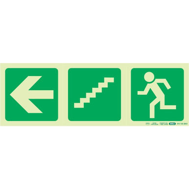 Photoluminescent 190 mm Safety Sign by 67, Featuring Arrow Left, Stairs Going Down, and Running Man Sign in Green with Cream-Coloured Graphics, Providing Essential Wayfinding Information for Emergency Procedures.