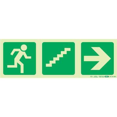 67 Brand Photoluminescent 190 mm Emergency Exit Sign, SABS Approved, Showing Running Man, Stairs Going up, and Right Arrow, Providing Essential Wayfinding Information for Emergency Procedures in Low Light Areas.