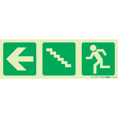 67 Brand Photoluminescent 190 mm Safety Sign, utilising Self-Luminous Technology, Features Three Green Signs with White Graphics: Left Arrow, Stairs Going up, and Running Man, Providing Essential Wayfinding Information for Emergency Procedures.