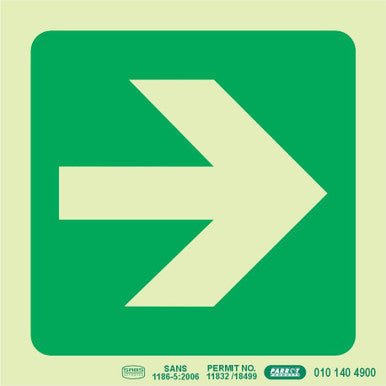 Green Photoluminescent Safety Sign with a Large Cream-Coloured Arrow Pointing Right, 190 mm High, by Brand 67, Displaying an Arrow Right Sign for Wayfinding and Emergency Procedures, SABS Approved with SANS 1186-5:2006 Standard.