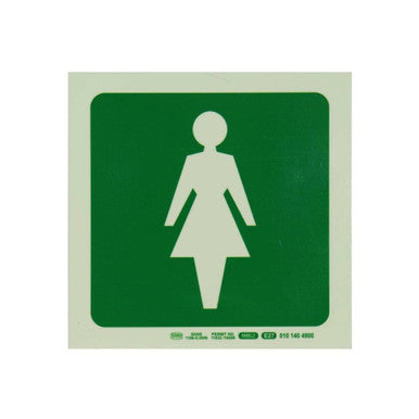 67 Brand Photoluminescent 190 mm Safety Sign Featuring E27-Female Symbol, Providing Low Light Visibility, SABS Approved, Self-Luminous Green Sign with White Female Icon, Suitable for Emergency Wayfinding in Dark Areas.