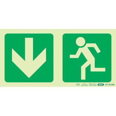 67 Brand Photoluminescent 190 mm Safety Sign, Green with Down Arrow and Running Man, SABS Approved, Workplace Safety Equipment for Emergency Procedures and Wayfinding, Providing Continuous Glow in Low Light Areas.