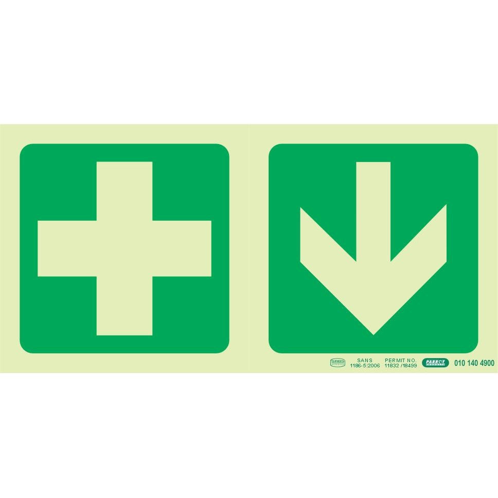 Photoluminescent 190MM Safety Sign - E7A-Green Cross+Arrow Down