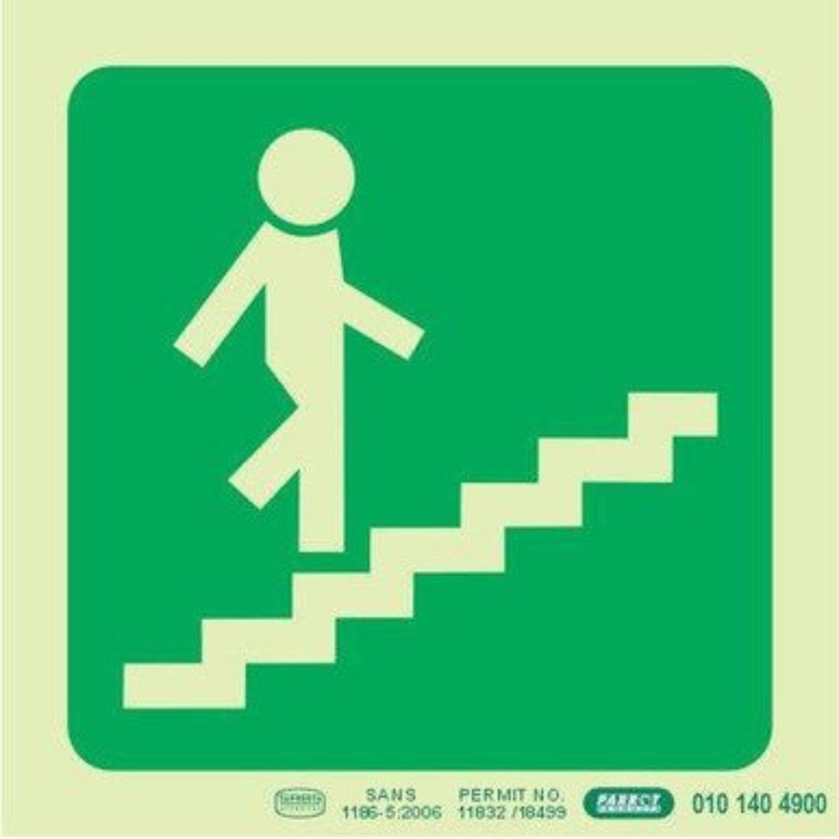 Photoluminescent 190MM Safety Sign – E8-Running Man On Stairs Going Up AND Right