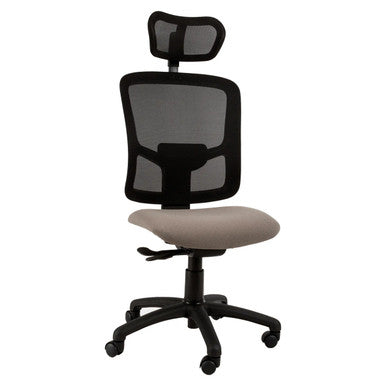 Pinta High-back Office Chair Sac-HCH-Pin, Ergonomic Office Chair with Black Mesh Backrest, Adjustable Headrest, Cushioned Beige Seat, and Five-Star Wheeled Base.