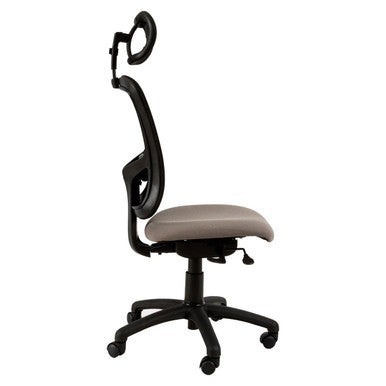Pinta High-back Office Chair Sac-HCH-Pin, Ergonomic Office Chair with Adjustable Headrest, Black Frame, Beige Cushioned Seat, and Five-Wheel Base for Mobility.