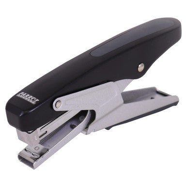 Plier Stapler 105*(24/6 26/6) Black - 20 Pages, Close-Up of the Black and Silver Stapler Showing Its Ergonomic Design and Staple Capacity.