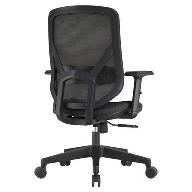 Black Pluto Mesh Medium-back Office Chair by 67, Featuring a Sleek Mesh Design, Adjustable Tilt Mechanism, and Ergonomic Armrests, on a Five-Star Base with Castors, Showcasing Comfort and Functionality in a Modern Workspace Setting.