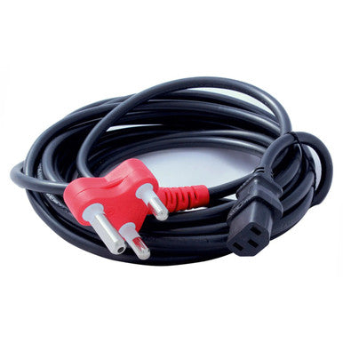 Power Cable IEC to 3 Pin (10M) INSTAL10A, Black Electrical Power Cord with a Red IEC Connector and a Three-Pin Plug for Electrical Appliances.
