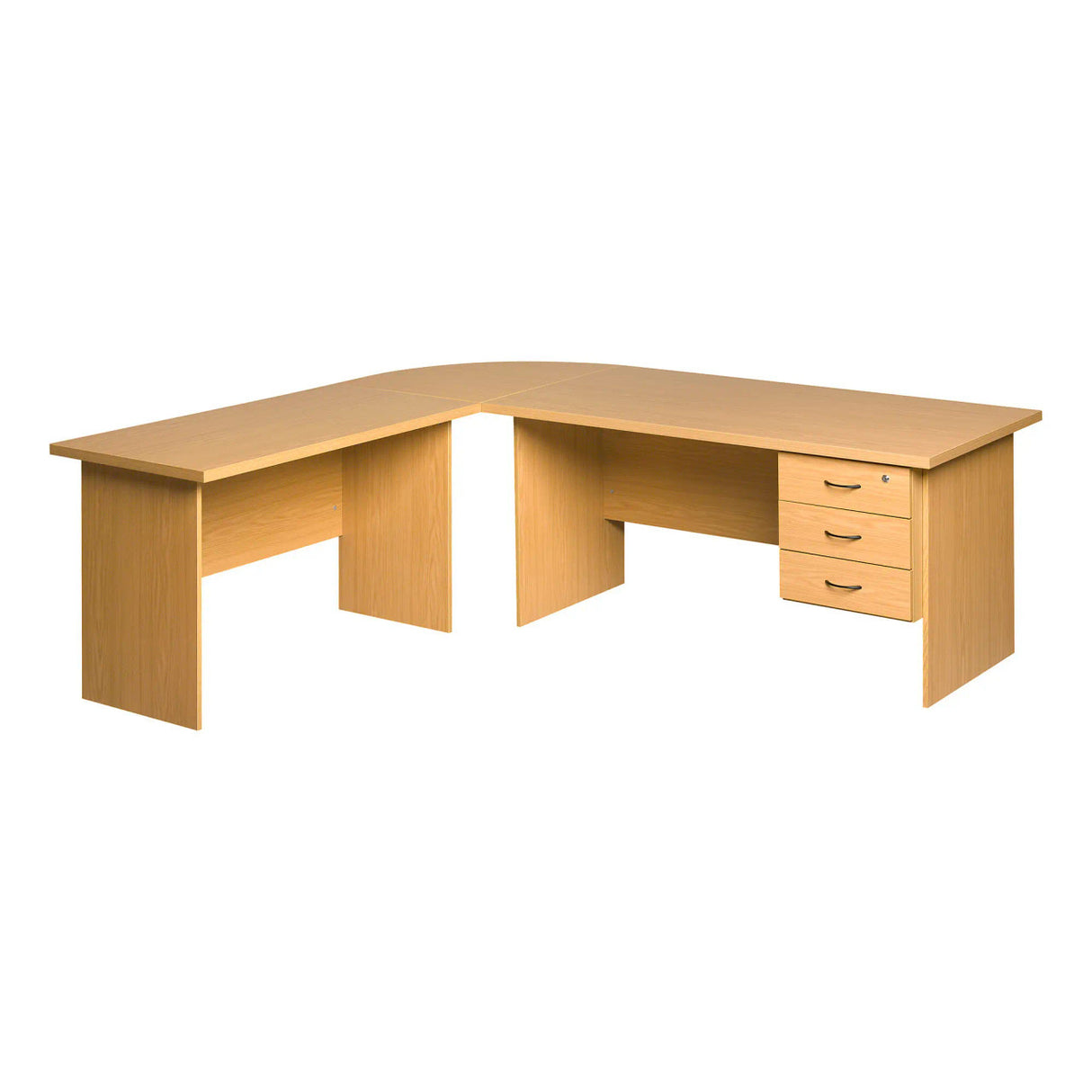 Pulse Office Desk with 90 Degree Link and l - Extension with Three Drawer Attached Pedestal