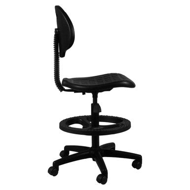 Q20 Econo Draughtsman Chair by 67, Featuring a Black PU Seat and Backrest on a Sturdy Black Nylon Base Chair with Five Wheels, Showcasing an Ergonomic Design for Comfort and Durability.