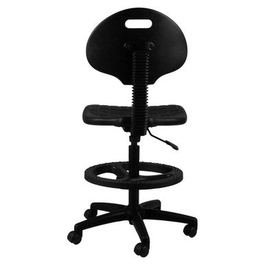Black Q20 Econo Draughtsman Chair by 67, Featuring Industrial-Grade PU Seat and Back, on a Five-Legged Base with Wheels, Showcasing Durable Office Seating with Ergonomic Support and Adjustable Height, in a Sleek and Sturdy Design.
