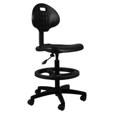Black Q20 Econo Draughtsman Chair by 67, Featuring Industrial-Grade PU Seat and Back, on a Five-Legged Base with Castors, Providing Durable Office Seating with Ergonomic Support and Adjustable Functionality.