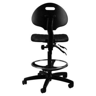Black Q20 Industrial Draughtsman Chair by 67, an Ergonomic Chair with Industrial PU Back and Seat, Featuring a Robust IS80 Mechanism and Adjustable Design, on a Five-Star Base with Castors, Showcasing Comfort and Durability.