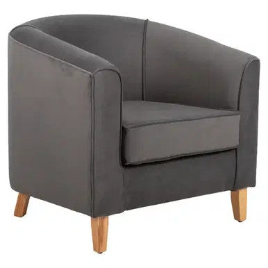 Grey Sabina Tub Chair by Office Stock South Africa with Wooden Legs, Ideal for Hospitality Settings
