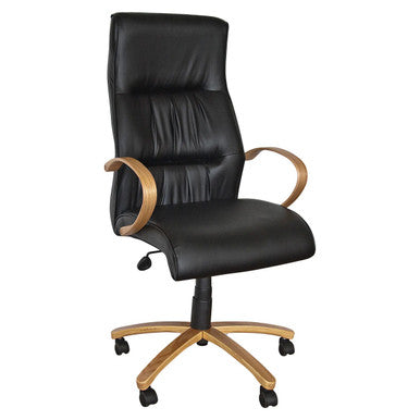 Salvador Wooden High-back Office Chair by 67, Featuring a Black Leather Seat and Backrest with Wooden Arms and Base, a Stylish Wooden Office Chair with Ergonomic Design and Adjustable Features.