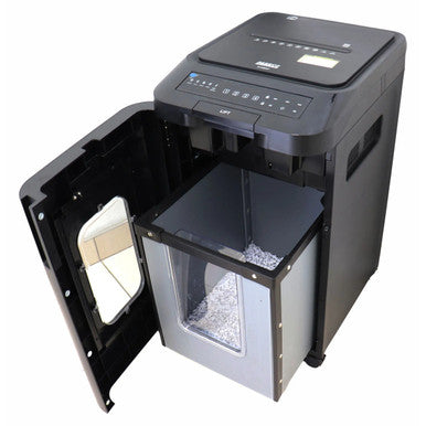 Shredder Paper 140 Sheet 4 x 12 mm Mini Cross Cut Auto Feed, Open Paper Shredder with Shredded Paper Inside, Portable Black Office Shredder with Lid Open.