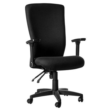 Spine High-back Chair, Ergonomic Black Office Chair with Adjustable Armrests and Swivel Base on Casters.