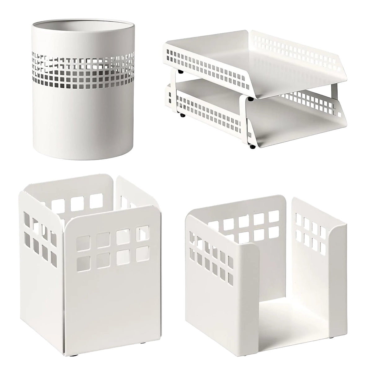 Square Punch Steel Desk Set: Two – Tier Letter Tray, Paper Cube Holder, Pencil Cup, and Waste Paper Bin