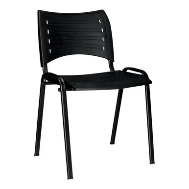 Stacker 500 Plastic Chair, Black Plastic Chair with a Slatted Backrest and Seat, Metal Frame, and Armrests.