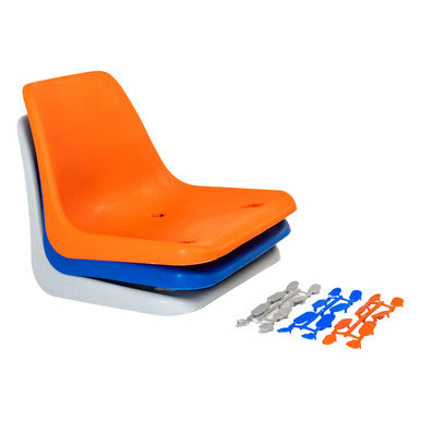 Stadium Seat, Stackable Orange, Blue, and Grey Plastic Seats with Mounting Hardware.