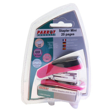 Stapler Plastic Mini Pink + Staples, Pink Mini Stapler with 1000 Staples (26/6) Included in Clear Plastic Packaging.