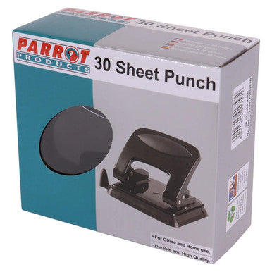 Steel Hole Punch (30 Sheets - Black), Box Packaging Featuring an Image of a Black Metal Hole Punch for Office and Home Use with Durable and High Quality Construction