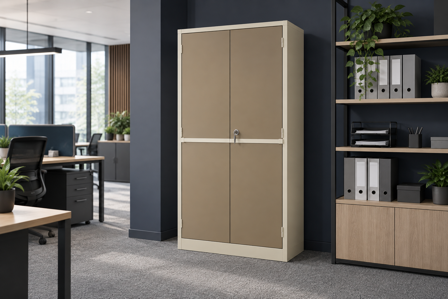 Steel storage cupboard in an organised contemporary office