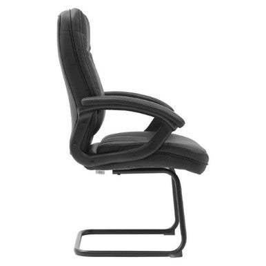 Stud Visitor Office Chair by 67, a Comfortable Office Seating Option with Sleek Black Pleather Upholstery, White Stitching, and Padded Black Nylon Arms, Offering a Modern Aesthetic and Superior Support.