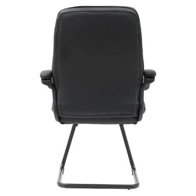 Black Visitor Office Chair with Sleek Pleather Upholstery, White Stitching, and Padded Nylon Arms on a Metal Frame, Viewed from the Back, Offering a Modern Aesthetic for Office Environments, Ideal as a Stud Visitor Office Chair.