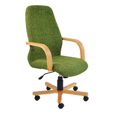 Tammy High-back Office Chair by Office Stock South Africa, Featuring a Green Fabric Seat and Backrest, Wooden Frame and Armrests, and Black Casters, Showcasing a Sturdy and Ergonomic Design with High-back Support.