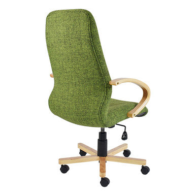 Green Tammy High-back Office Chair by Office Stock South Africa, Featuring a Wooden Frame, Armrests, and Five-Star Base with Wheels, Upholstered in Textured Green Fabric, Providing Comfort and Style for Long Hours of Work.
