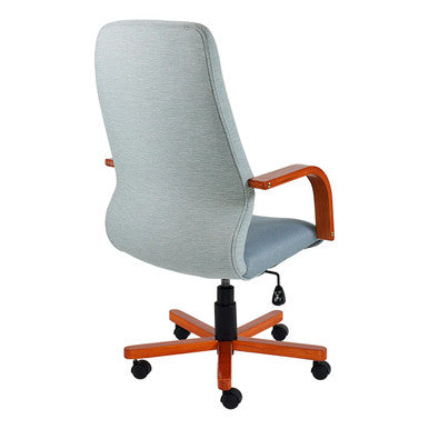 Light Grey Tammy High-back Office Chair by Office Stock, Featuring Wooden Arms and a Base with Five Wheels, an Ergonomic Height-Adjustable Design, Showcasing Its Back and Side Profile, with a Sturdy Base and Black Castors.