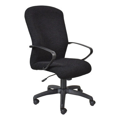 Tuscan High-back Office Chair by 67, a Plush Cushioning Chair with Black Upholstery, Metal Frame, and Five-Star Base with Casters, Featuring a High-back and Armrests, Designed for Comfort and Ergonomic Support.