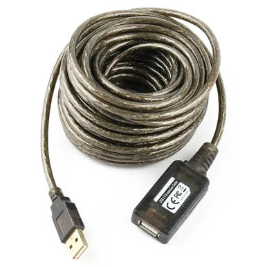 USB 2.0 Active Extension Cable (10M) CL2010B, Coiled Extension Cable with USB Connector and Black Interface Module.
