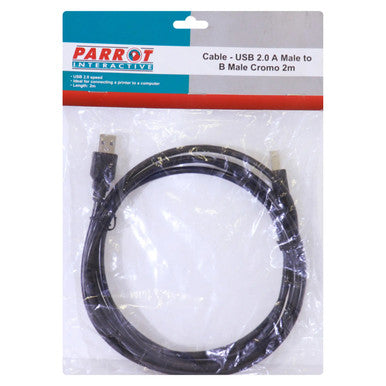 USB 2.0 Am to Bm Cromo 2 Metres, Image of a Black USB Cable with Chrome Connectors Packaged in a Clear Plastic Bag with a Colourful Label.