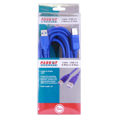 Product USB 3.0 a Male to Male B (5 Metres) CL2005A, Blue USB Cable in Packaging for Extending Peripheral Devices Like Scanners, Printers, and Cameras with a 5-metre Length.