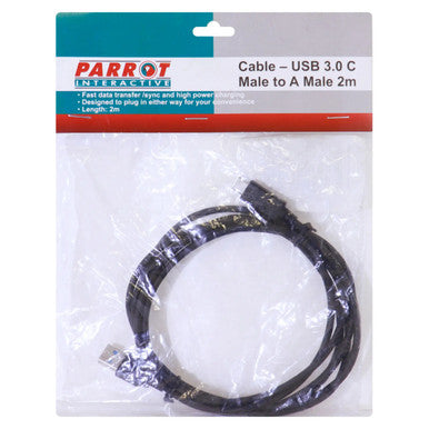 USB 3.0 cm to Am 2 Metres CL2002B, USB 3.0 Cable with Black Colour, Straight Connector Ends, Packaged in Clear Plastic with Branding and Specifications on the Label.