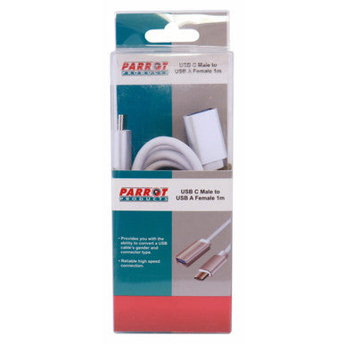 Product USB-C Male to USB-A Female Adaptor 1M, White 1-metre Cable with USB-C Male Connector on One End and USB-a Female Connector on the Other End in Packaging.