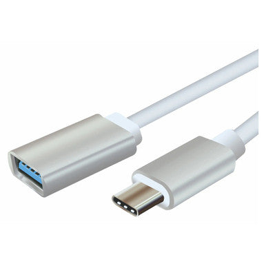 USB-C Male to USB-A Female Adapter, 1M Length, AD2018 Model, Silver-Coloured with White Cable.