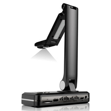 Visualizer Presenter Deluxe by 67, a Black Device with Rotating Camera Head, Displaying a Projected Image, Ideal for Recording Presentations, Featuring 13MP Cmos Sensor, Full Hd Output, and Compatible with Various Devices for Seamless Connectivity.