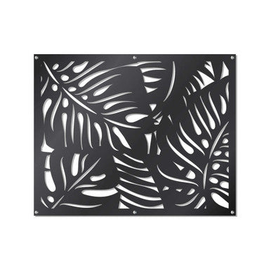 67 Wall Art Laser Cut 1200 x 900 Tropical Design in Black Mild Steel, Featuring Intricate Leaf Patterns as a Striking Focal Point Art Piece for Indoor and Outdoor, Made with E-Coated 1.6 mm Steel.