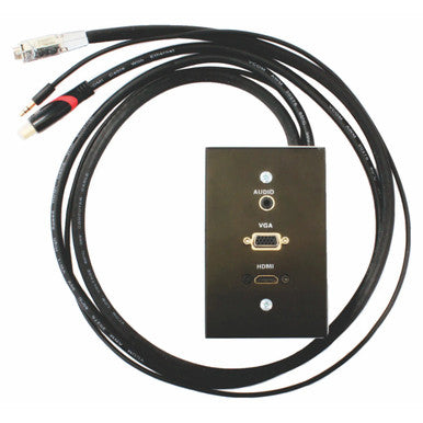 Wall Box Female HDMI | VGA | AUX | Ethernet | USB-A Port | AD4001, Black Wall-Mounted Panel with HDMI, VGA, Audio, and Ethernet Ports Connected to Various Cables.
