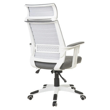 White and Grey Modern Office Chair with High-back Design, Adjustable Features, and Ergonomic Mesh Seat, from Brand 67, Showcasing Sleek Lines and Sturdy Base with Wheels, Ideal for Comfort and Productivity in a Contemporary Workspace Setting.