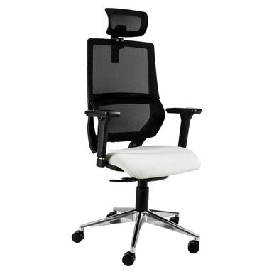 Wave Mesh High-back Office Chair Sac-HCH-Wav, Ergonomic Office Chair with a Black Mesh Backrest, Adjustable Headrest, White Cushioned Seat, and Chrome Base with Caster Wheels.