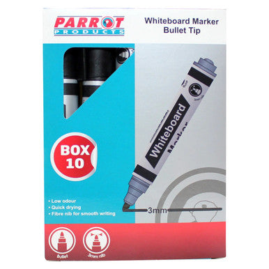 Product Whiteboard Markers (10 Markers - Bullet Tip - Black), Box of Ten Black Bullet Tip Whiteboard Markers in Packaging.