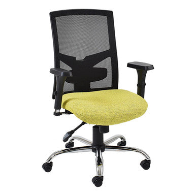 Winston Mesh Medium-back Office Chair by Office Stock Furniture, Featuring a Black Mesh Back, Yellow Seat, and Adjustable Design, on a Sleek Silver Base with Five Wheels, Available at Office Stock South Africa.