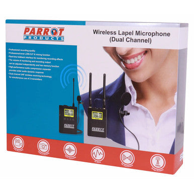 Wireless Lapel Microphone (Dual Channel) IS1002, Product Packaging Displaying a Woman Wearing a Headset Microphone and Two Wireless Transmitters with Antennas.