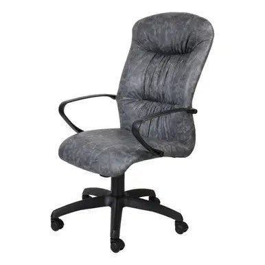 Grey Upholstered Zelda High-back Office Chair by Office Stock South Africa, Featuring a Tufted Back and Seat, Black Metal Arms and Base on Castors, Exemplifying Modern Office Seating with Ergonomic Design and Comfort.